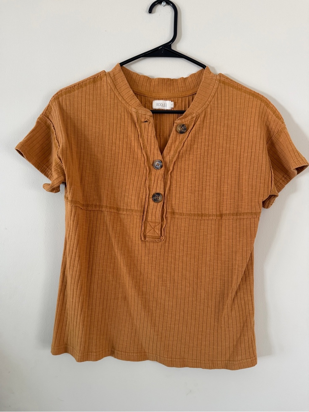 Roolee Ribbed Short-Sleeve Henley Top in mustard